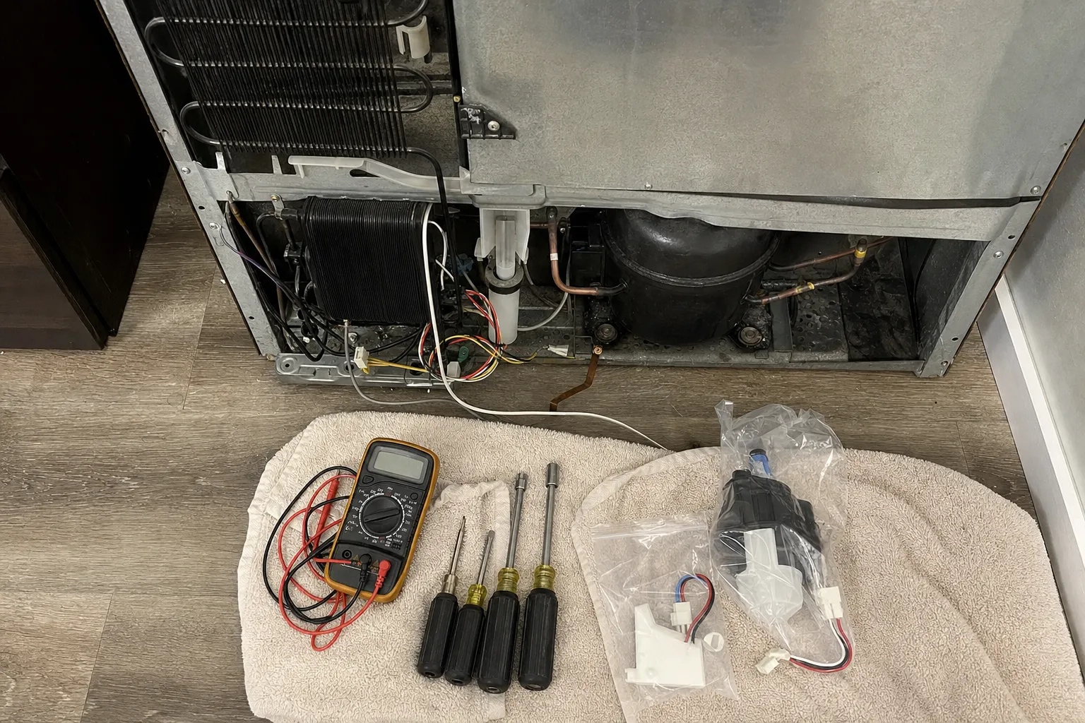 Refrigerator pulled from its cabinet with the base panel off, condenser coil and compressor exposed beside laid-out tools